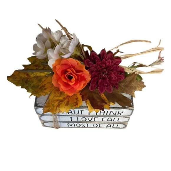 Fall-Themed Wooden Book Stack Decor With Faux Flowers & Quote - Picture 3 of 8